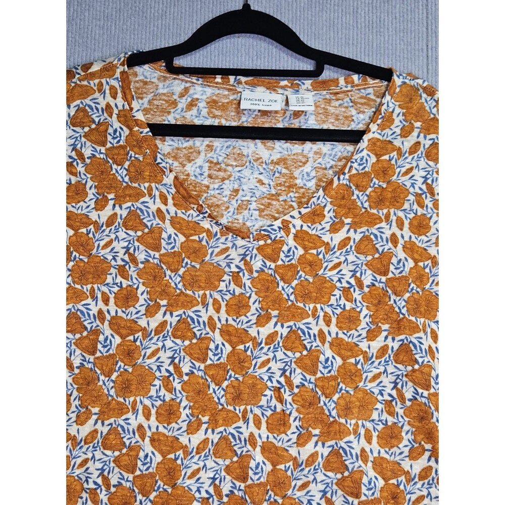 Rachel Zoe Top Womens XL White Orange Blue Floral  100% Linen Short Sleeve